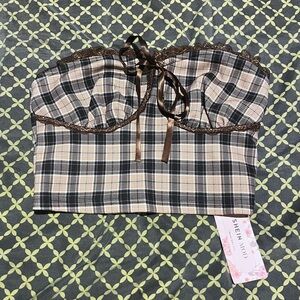 SHEIN Checkered Strapless Top with Brown Ribbon